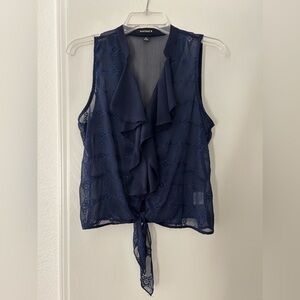 NWOT Heart Soul Navy Blue Sleeveless Button Up Ruffled Tie Top. Size Medium